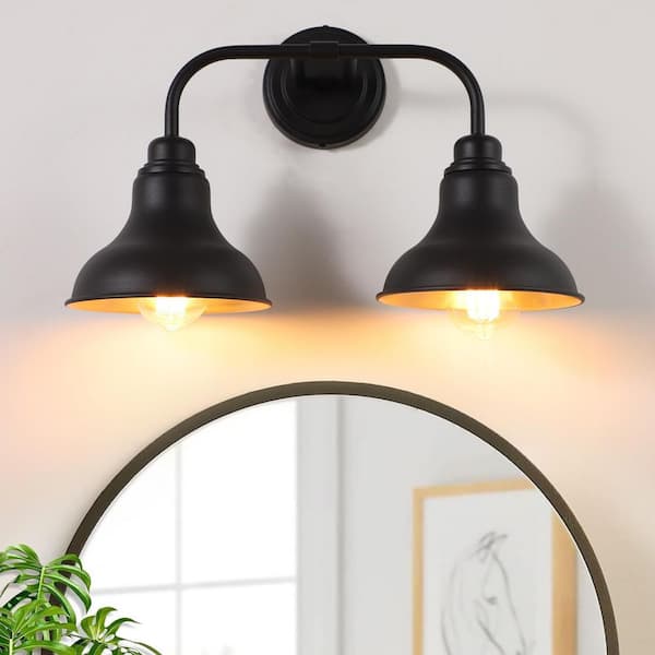 pasentel Farmhouse 18 in. 2-Light Black Vanity Light with Black Metal Shades