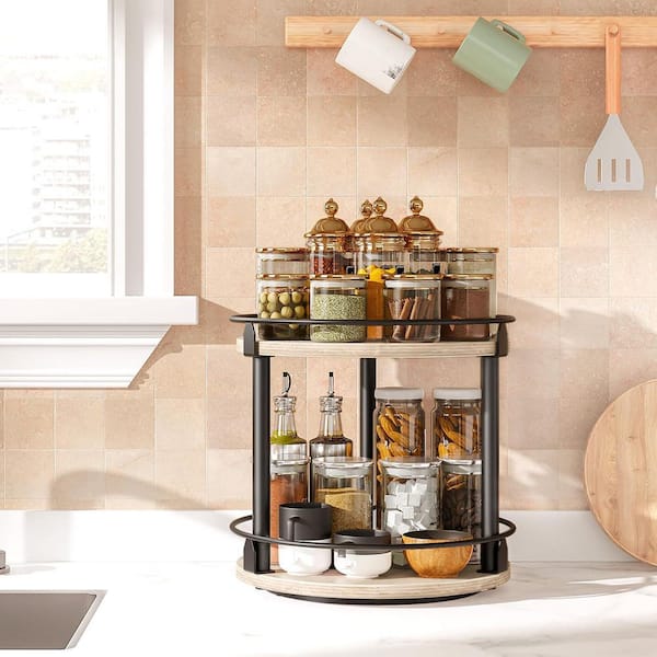 10.2 in. 2 Tier Wood Rotating Spice Rack in Greige and Black