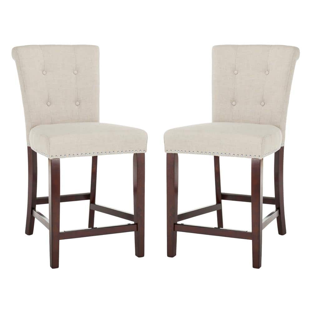 Transitional Light Grey Linen and Wood Counter Stools, Set of 2