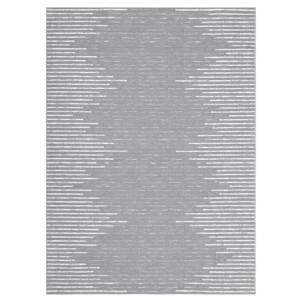 Washable Gray 9 ft. x 12 ft. Modern Striped Printed Rug Low Pile Soft Thin Carpet Stain Resistant Non-Slip, Area Rug