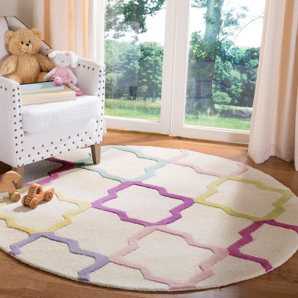 Kids 3 ft. x 3 ft. Ivory/Multi Geometric Round Area Rug