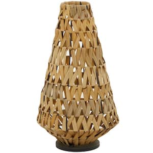 Light Brown Plastic Rattan Handmade Decorative Candle Lantern with Wrapped Zig Zag Design