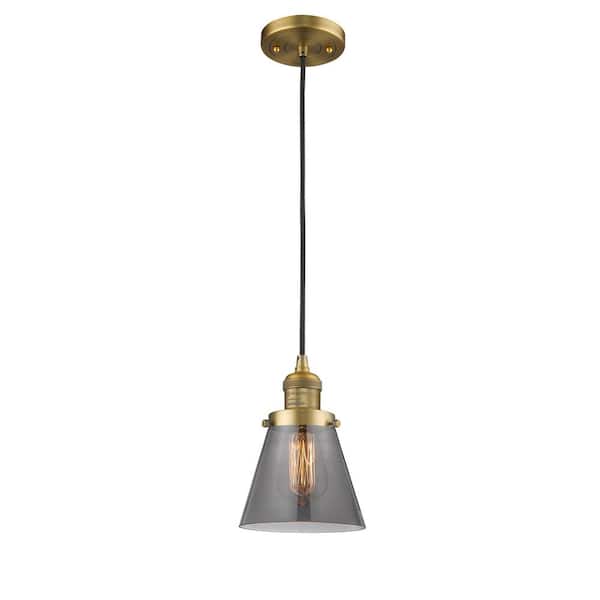 Innovations Cone 1-Light Brushed Brass Cone Pendant Light with Plated Smoke Glass Shade
