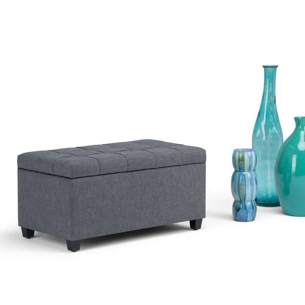 Slate Gray Tufted Wood Bench Ottoman with Interior Storage