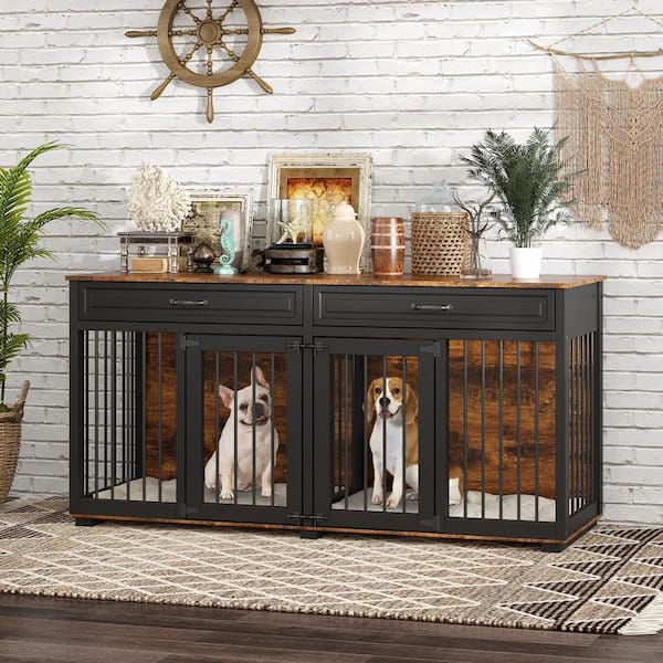 FUFU&GAGA Large Dog House Furniture, Indoor Wooden Dog Crate with 2 Drawers and Divider, for 2 Small or Medium Dogs, Tiger Skin
