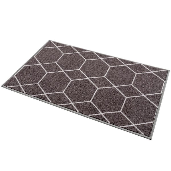 Hexagon Design Dark Gray Color 19.5 in. x 32 in. Polyamide Stair Tread Cover Matching Mat