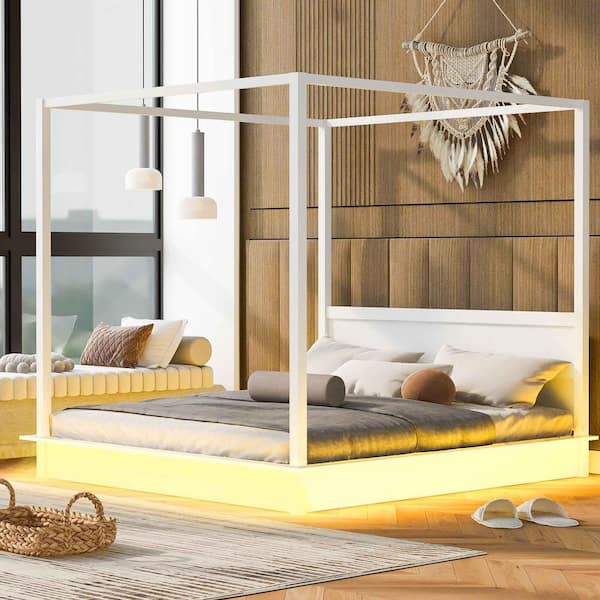 White Wood Frame King Platform Bed with LED Light Strips, Support Slats