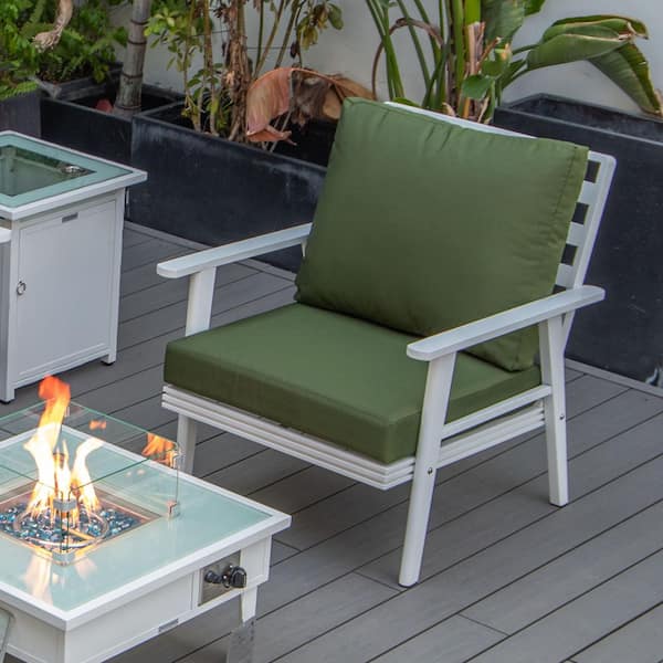 Leisuremod Walbrooke Modern White Aluminum Outdoor Arm Chair with Powder Coated Frame and Removable Cushions in. Green (Set of 2)