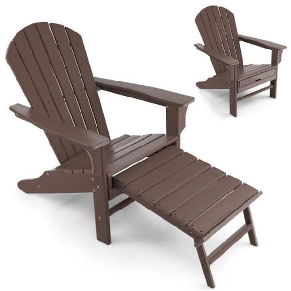 Clihome Brown HDPE Patio Adirondack Chair Set of 1 with Retractable Ottoman