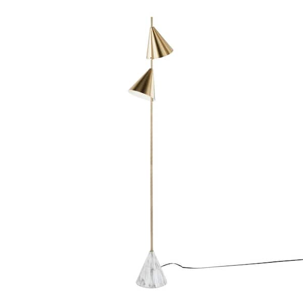 65 in. Gold Contemporary 2-Light Smart 1-Way (On/Off) Standard Floor Lamp for Living Room with Metal Cone Shades