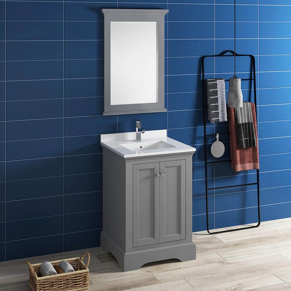 Elegant Grey 24" Solid Wood Freestanding Bathroom Vanity with Quartz Top