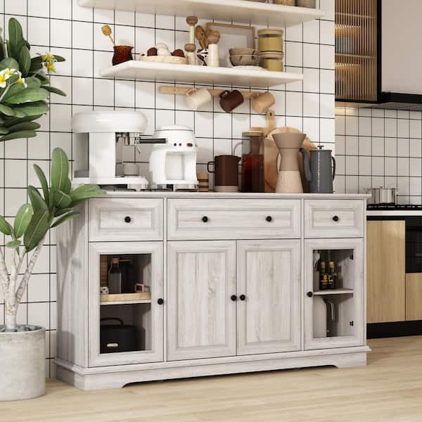Retro Beige Light Wood Grain Wooden 63 in. W Sideboard, Storage Cabinet, Food Pantry with 3-Drawer & 5-Shelf