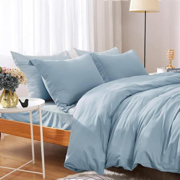 Blue Grey Solid Color King Size Microfiber Comforter Only with Zipper  Closure Duvet Cover and 2-Pillow Shams