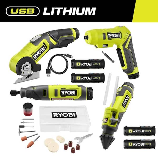 USB Lithium 4 Tool Kit w/Screwdriver, Glue Pen, Rotary Tool, Power Cutter, Batteries, Charger & (2) FREE 2 Ah Batteries