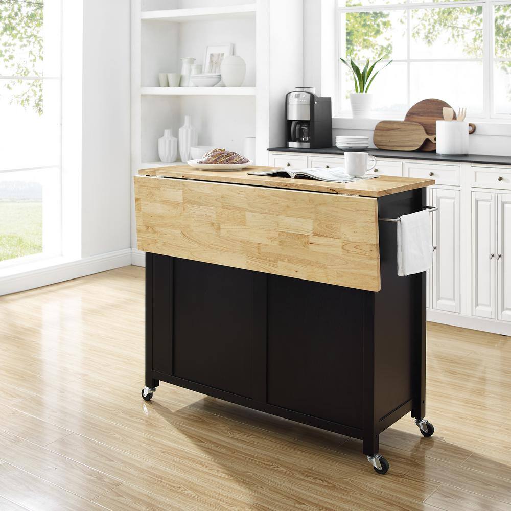 Black Wood Top Drop Leaf Kitchen Island Cart