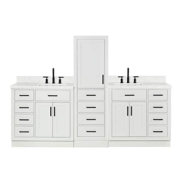 Hepburn 3-Piece 92 in. Wide Double Sink Bath Vanity And Linen Cabinet Set In White With Carrara White Quartz Top