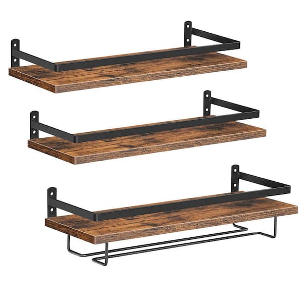 2.4 in. H x 14.6 in. W 3-Bottle Rustic Brown and Black Metal Wall Mounted Wine Rack with Stemware Holder for Kitchen