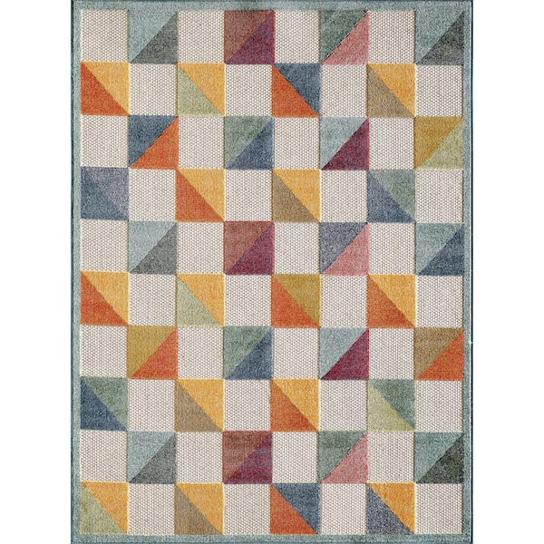 Kas Rugs Calla Ivory/Multi Scope 2 ft. x 4 ft. Geometric Indoor/Outdoor Accent Rug