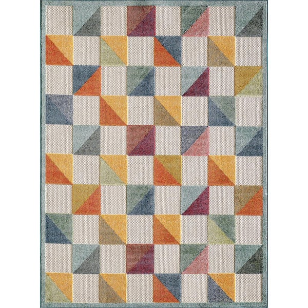 Kas Rugs Calla Ivory/Multi Scope 3 ft. x 5 ft. Geometric Indoor/Outdoor Accent Rug