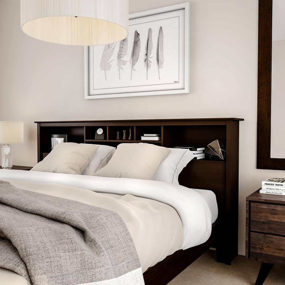 Espresso King Wood Bookcase Headboard with Storage