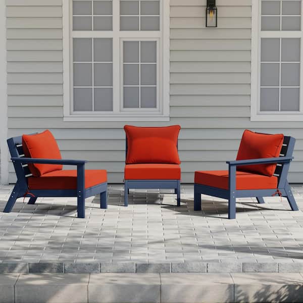 Birchwood Navy Blue Arrangeable 3-PC HDPE Deep Seating Outdoor Patio Conversation Sofa Armchair Set w/Orange Cushions