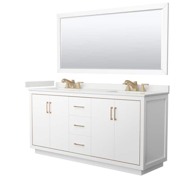 Wyndham Collection Icon 72 in. W x 22 in. D x 35 in. H Double Bath Vanity in White with White Quartz Top and 70 in. Mirror