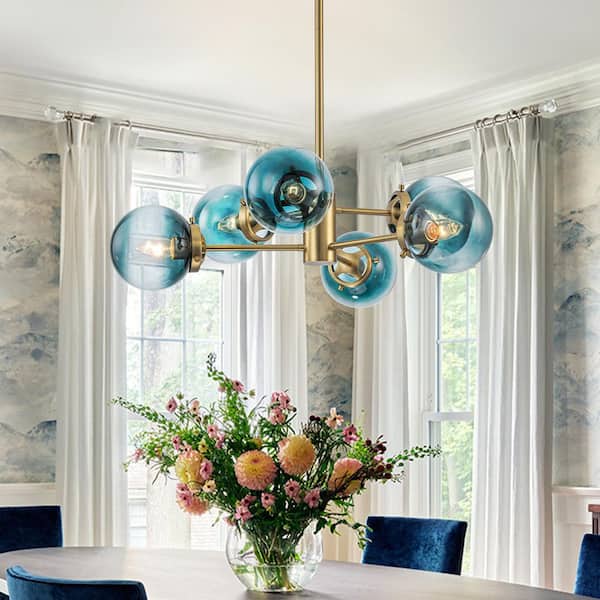 Lydia 6-Light Gold Modern Sputnik Chandelier with Blue Globe Shade
