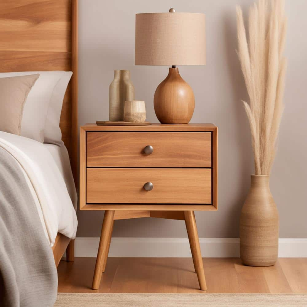 Mid-Century 2-Drawer Solid Wood Caramel Nightstand (2-Pack) -  Walker Edison Furniture Company, HD8275