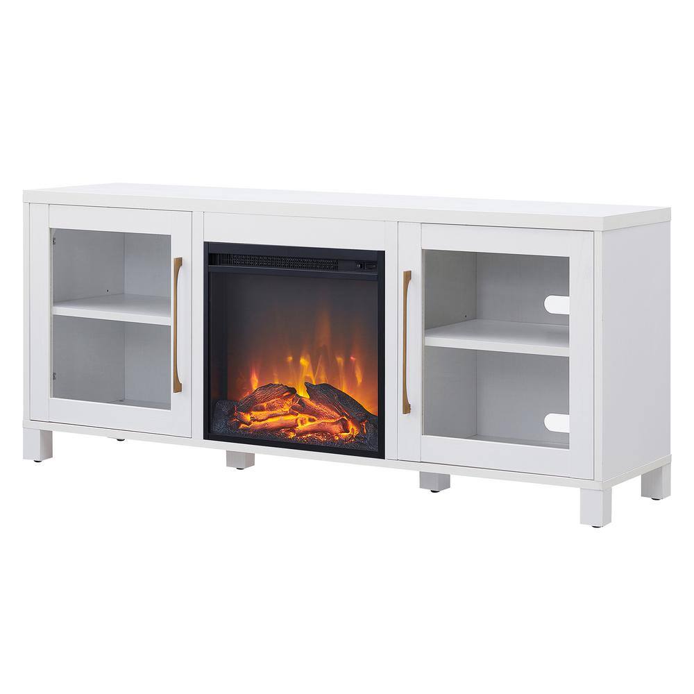 Elegant White 58" TV Stand with Integrated Fireplace and Storage Cabinets