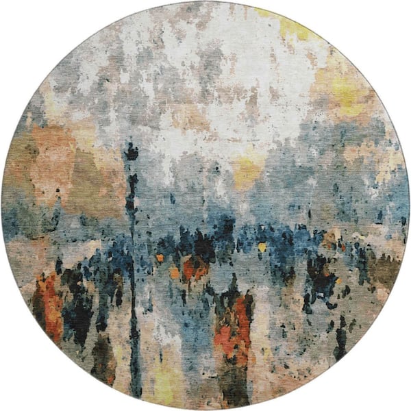 Mayfield Premium Machine Washable Abstract AMF2284 Ivory 8 ft. x 8 ft. Round Rug