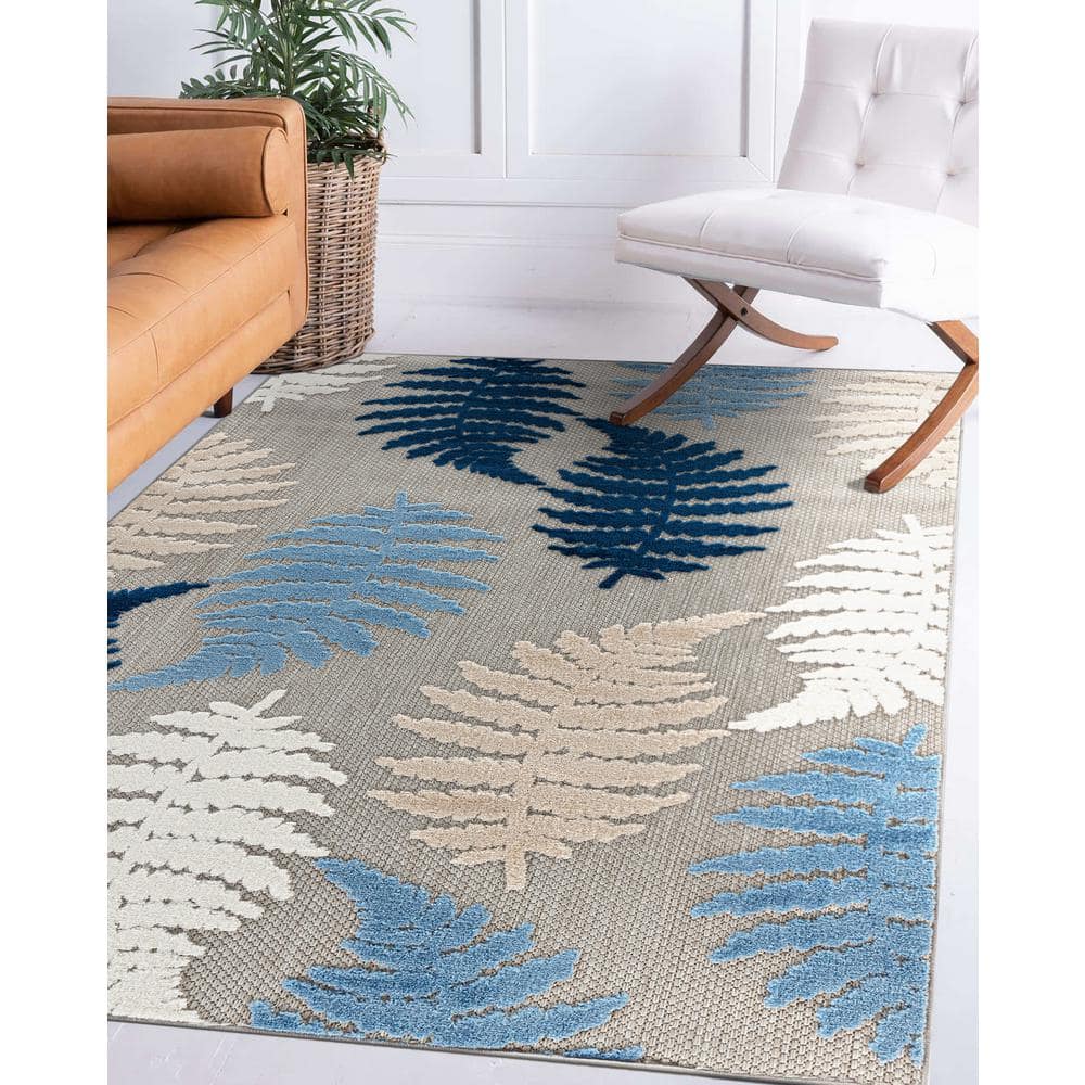 Seville Blue and Beige Floral Synthetic Indoor/Outdoor Rug