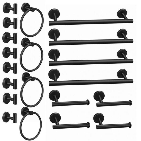 20-Piece Bathroom Hardware Set in Black with 16 in. Wall Mounted Hand Towel Bars, Towel Rings and More