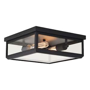 Kinzie Black Outdoor Square Flush Mount 2-Light Ceiling Light with Clear Glass