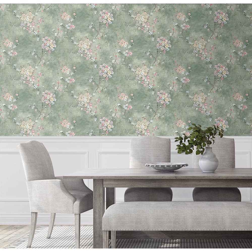 Green Smoke Floral Blossom Peel and Stick Wallpaper Roll