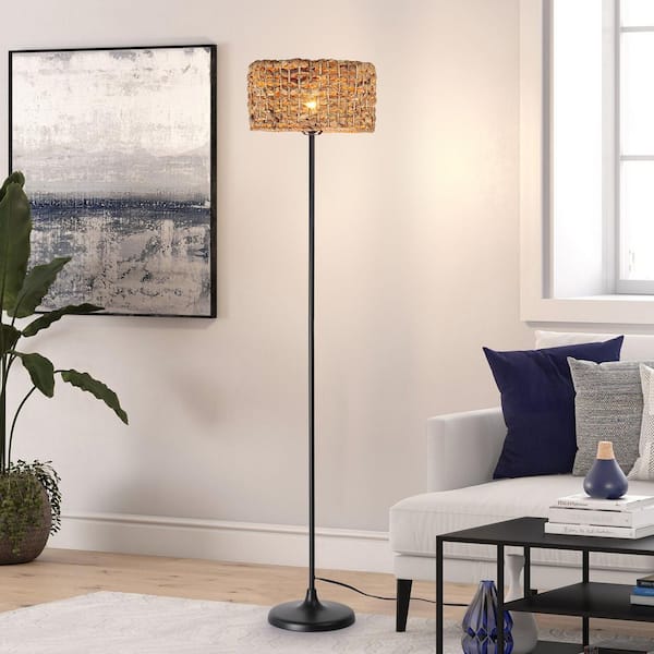 Zompoo Modern 59 in. 1-Light Black Metal Standard Floor Lamp for Living Room with Rattan Shade, Foot Switch