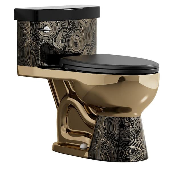 Be Unwhite 1-Piece Toilet with Elongated Bowl Black Gold, 17 in. Tall Toilet 1.28 GPF Single Flush, Seat Included, 12 in. Rough In