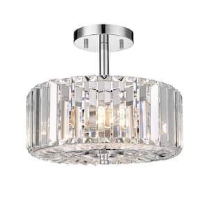 11.90 in. 2-Light Brushed Nickel Transitional Semi Flush Mount Ceiling Light with Crystal Shade