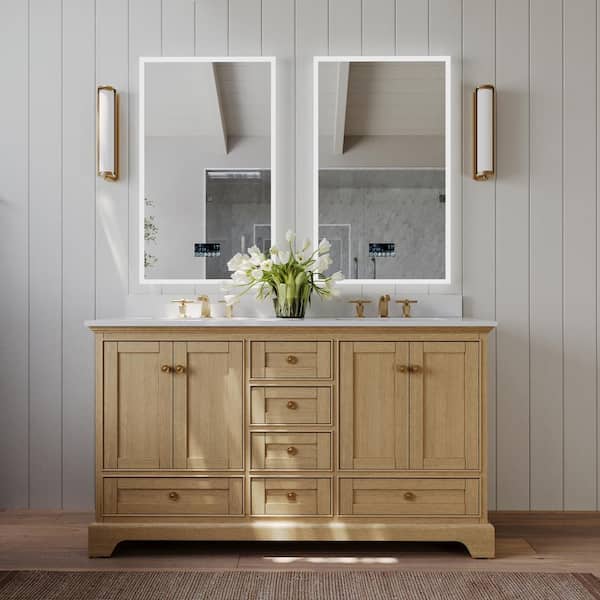 Audrey 66 in. W Bath Vanity in Oak with White Quartz Top