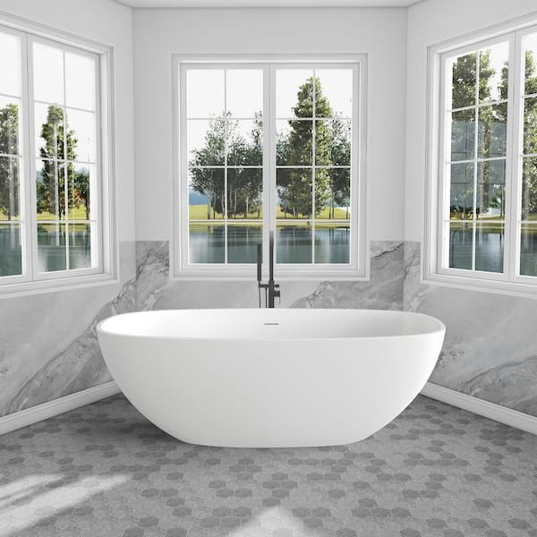 Stone Flat Bottom Solid Surface Freestanding Double Slipper Soaking Bathtub in White with Drain 67 in. x 29.5 in.