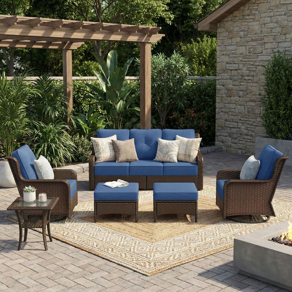 6-Piece PE Wicker Outdoor Patio Conversation Set with Navy Cushions, Coffee Table and Ottomans price history on PriceWatchPro