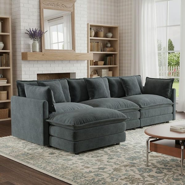 HEAT 111.5 in. Track Arm Oversized Modular L-Shaped Chenille Sectional Sofa with 1 Reversible Ottoman in Graphite Gray