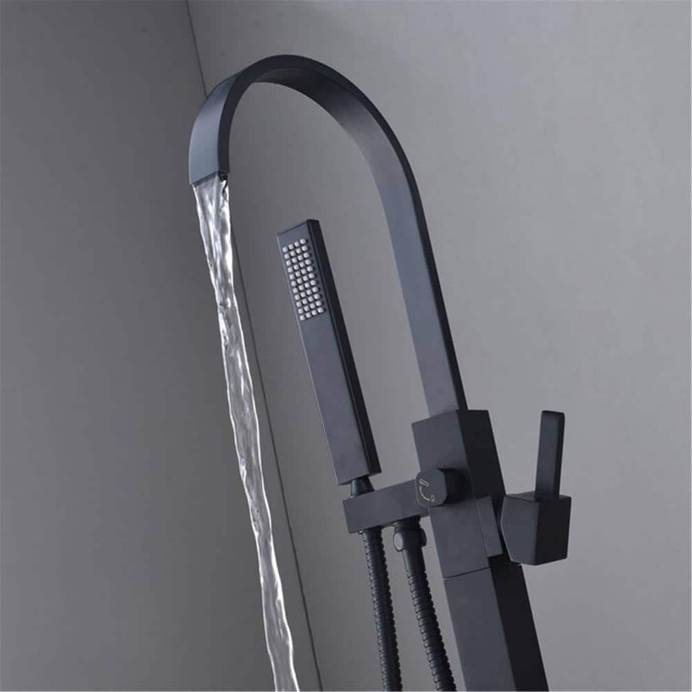 Matte Black Brass Freestanding Waterfall Tub Faucet with Hand Shower