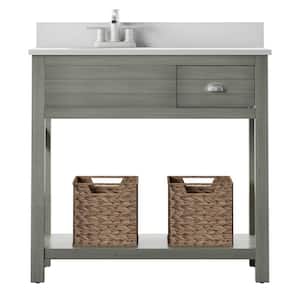 36 in. W x 20 in. D Open Bath Vanity with Baskets in Gray with Marble Top in White with White Basin
