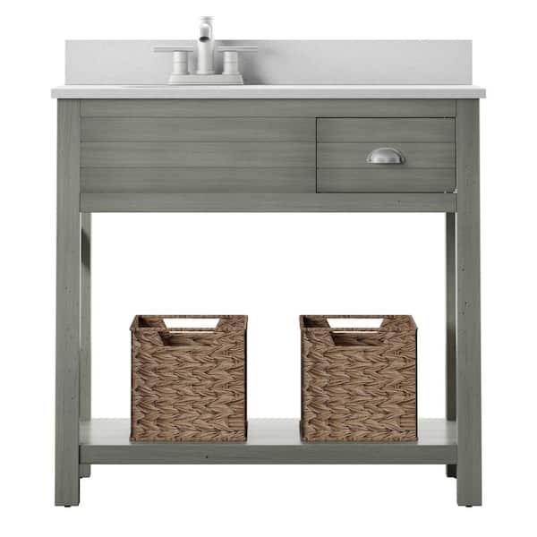 Twin Star Home 36 in. W x 20 in. D Open Bath Vanity with Baskets in Gray with Marble Top in White with White Basin