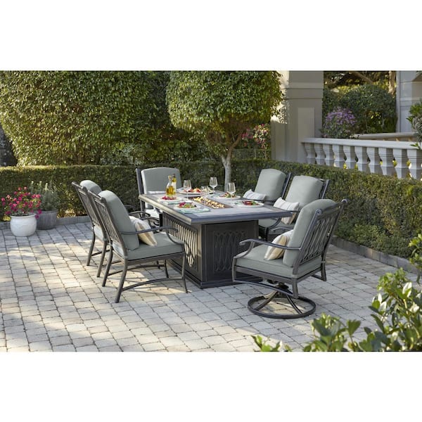 Home Decorators Collection St. Charles 7-Piece Metal Outdoor Dining Set with Performance Acrylic fabric Cast Mist Cushions and Firepit Table