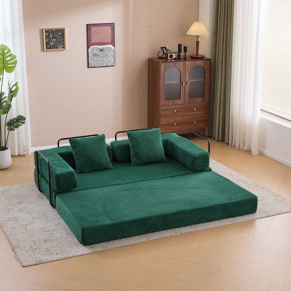76.77 in. Dark Green Corduroy Fabic Queen Size Convertible Sofa Bed with Pillow, Compressed and No Assembly Required