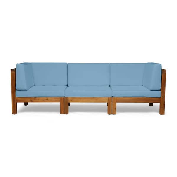 Brava Teak Brown 3-Piece Wood Outdoor Patio Couch with Blue Cushions