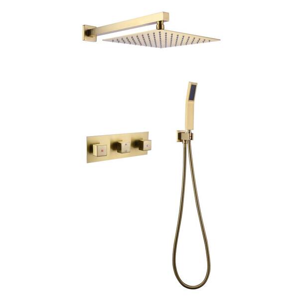 Satico 3 Handle 2-Spray Shower Faucet with 10 in. Rain Shower Head 1.8GPM in Brushed Gold