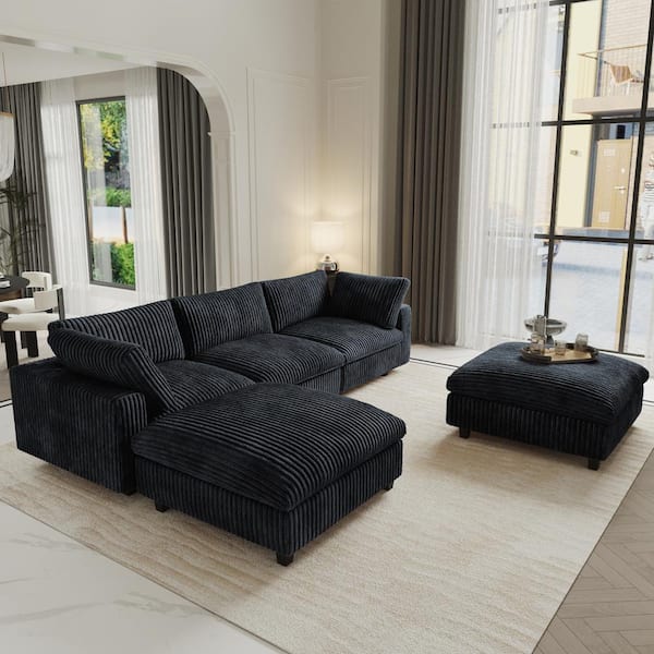 Lawson Cloud Couch 118 in. Square Arm Faux Rabbit Fur Velvet Modular Sofa with Ottomans, Washable Covers in. Black