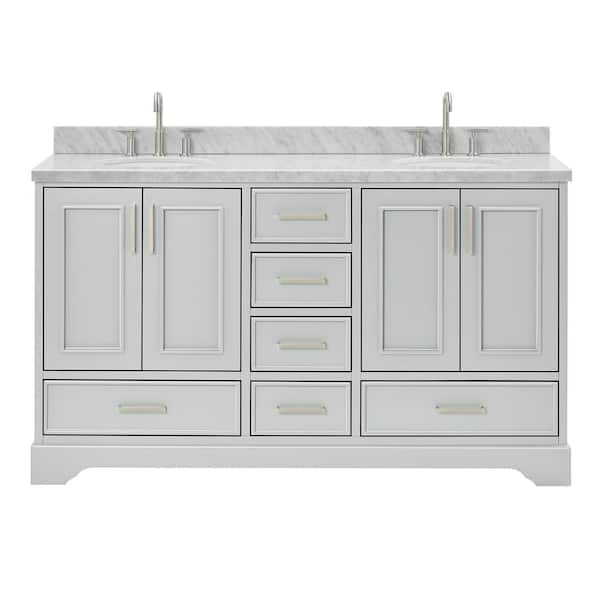 Stafford 60 in. Double Sink Freestanding Bathroom Vanity in Gray with Carrara White Marble Top